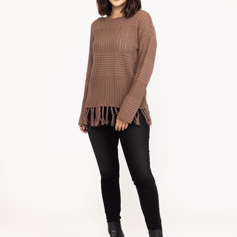 Warehouse One Fringe-Hem Scoop Neck Sweater in Milk Chocolate Brown